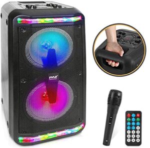pyle bluetooth speaker & microphone system – portable stereo karaoke speaker with wired mic, built-in led party lights, mp3/usb, fm radio (6.5’’ subwoofers, 500 watt max) (pphp266b.5)