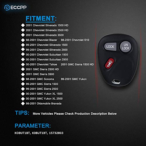 ECCPP Keyless Entry Remote Key Fob for Chevy Silverado Blazer S10 Suburban Tahoe/for GMC Sierra Sonoma Yukon/Bravada Series KOBUT1BT (Pack of 1)