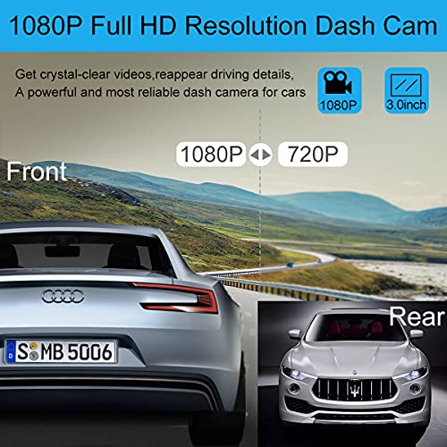 Dash Cam Front and Rear, Dash Camera for Cars 1080P Full HD Dual Dash Cam 3" IPS Screen in Car Camera Front and Rear Night Vision,170°Wide Angle Motion Detection Parking Monitor G-Sensor(with SD Card)
