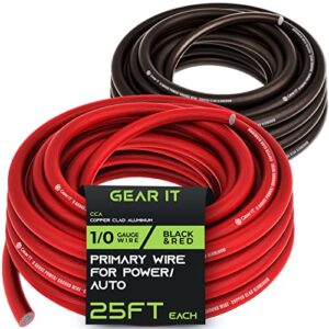 gearit 1/0 gauge wire (25ft each – black/red translucent) copper clad aluminum cca – primary automotive wire power/ground, battery cable, car audio speaker, rv trailer, amp, electrical 0ga awg 25 feet