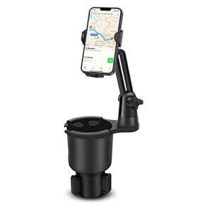 cup holder phone mount, car cup holder expander adapter with offset adjustable base, cup holder phone for car, cup holder cell phone holder compatible with cell phone iphone 14, samsung, lg