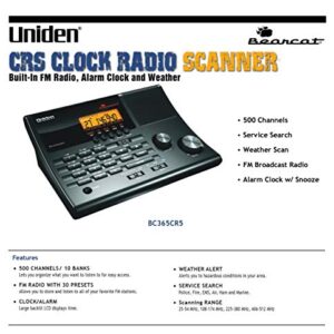 Uniden BC365CRS 500 Channel Scanner and Alarm Clock with Snooze, Sleep, and FM Radio with Weather Alert, Search Bands Commonly used for Police, Fire/EMS, Aircraft, Radio, and Marine Transmissions