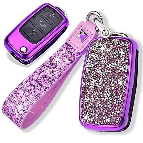 Royalfox(TM) 3 Buttons 3D Bling flip Folding Remote Key Fob case Cover for VW Volkswagen Mk6 Bora Jetta GTI Passat Golf Tiguan Touareg Beetle Passat,Skoda Fabia Octavia Superb (Purple)