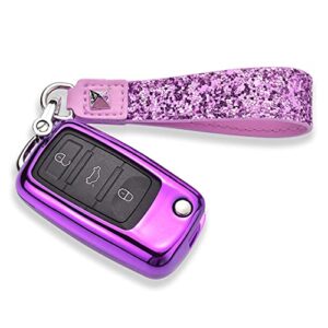 Royalfox(TM) 3 Buttons 3D Bling flip Folding Remote Key Fob case Cover for VW Volkswagen Mk6 Bora Jetta GTI Passat Golf Tiguan Touareg Beetle Passat,Skoda Fabia Octavia Superb (Purple)