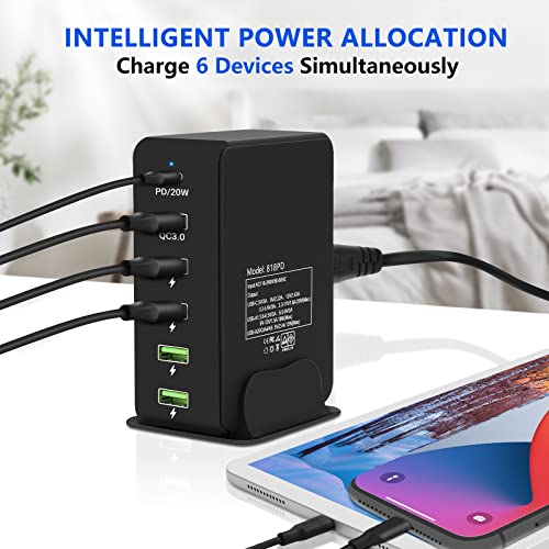 Fotirax Multi Ports 65W USB Fast Charging Station, 6-Port Desktop USB Wall Charger for iPad, iPhone 14/13/12/11/xs max Series,Earphone,Block(Black)