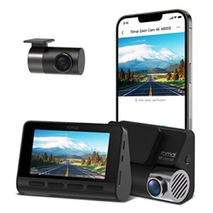 70mai true 4k dash cam a800s with sony imx415, front and rear, built in gps, super night vision, 3” ips lcd, parking mode, adas, loop recording, ios/android app control