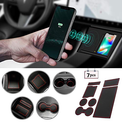 VXDAS Tesla Model 3 Wireless Charger, Dual 10W QI Wireless Phone Charging Pad M3 Car Center Console Tesla Model 3 Accessories Panel with 7pcs Custom Cup Mat Center Console Liner mat-Newest Upgrade