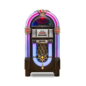 roxby retro full size jukebox cd player with bluetooth stereo record player radio usb aux port sd card slot and remote control juke box multicolored lighting and external adapter
