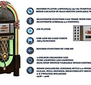 Roxby Retro Full Size Jukebox Cd Player with Bluetooth Stereo Record Player Radio USB Aux Port Sd Card Slot and Remote Control Juke Box Multicolored Lighting and External Adapter