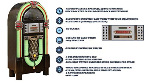 Roxby Retro Full Size Jukebox Cd Player with Bluetooth Stereo Record Player Radio USB Aux Port Sd Card Slot and Remote Control Juke Box Multicolored Lighting and External Adapter