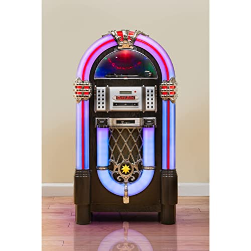 Roxby Retro Full Size Jukebox Cd Player with Bluetooth Stereo Record Player Radio USB Aux Port Sd Card Slot and Remote Control Juke Box Multicolored Lighting and External Adapter