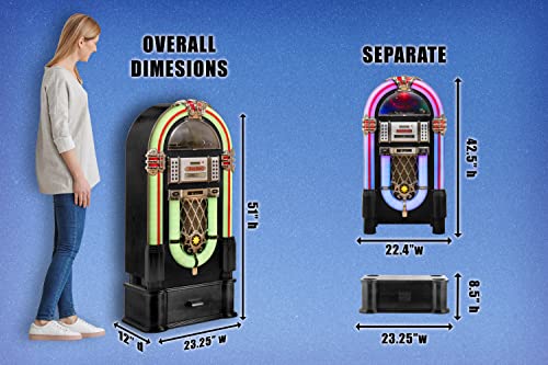 Roxby Retro Full Size Jukebox Cd Player with Bluetooth Stereo Record Player Radio USB Aux Port Sd Card Slot and Remote Control Juke Box Multicolored Lighting and External Adapter