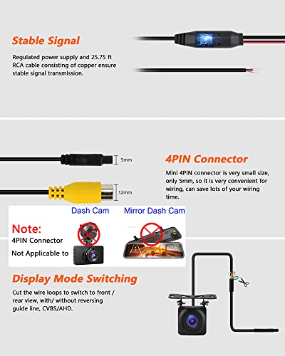 Upgraded Backup Camera for Car AHD Back up Night Vision Reverse Camera IP69 Waterproof Rear Front View Reversing Camera 140° Wide Angle CVBS|AHD Rearview License Plate Camera for Pickup Truck SUV RV