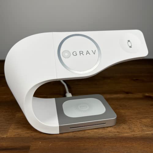 GRAV Wave Charge LFX-178; 3 in 1 Wireless Charging Station; Compatible with Apple iPhone, Apple Watch and Airpods; 15W MagSafe Charging Station; 18W Qualcomm 3.0 Quick Charge USB Adapter; (White)