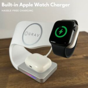 GRAV Wave Charge LFX-178; 3 in 1 Wireless Charging Station; Compatible with Apple iPhone, Apple Watch and Airpods; 15W MagSafe Charging Station; 18W Qualcomm 3.0 Quick Charge USB Adapter; (White)