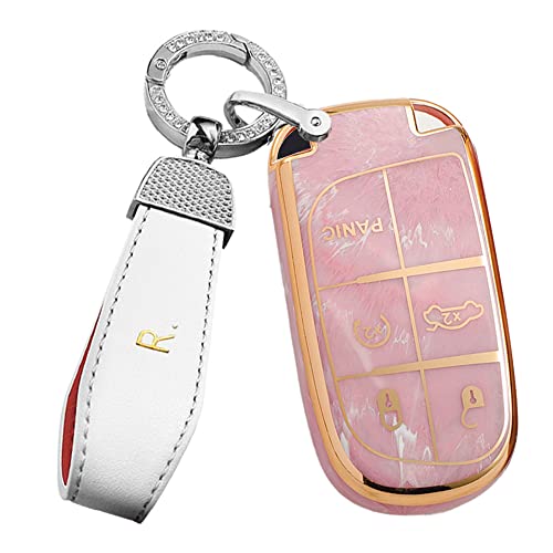 ontto 5-Button Soft TPU Key Fob Cover Fit for Jeep Grand Cherokee Renegade Chrysler 200 300 Dodge RAM Durango Challenger Journey Pink