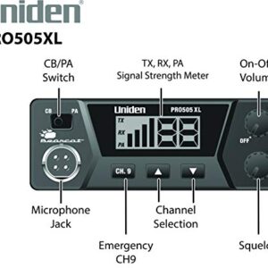 Uniden PRO505XL 40-Channel CB Radio. Pro-Series, Compact Design. Public Address (PA) Function. Instant Emergency Channel 9, External Speaker Jack, Large Easy to Read Display. - Black