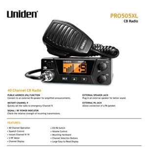 Uniden PRO505XL 40-Channel CB Radio. Pro-Series, Compact Design. Public Address (PA) Function. Instant Emergency Channel 9, External Speaker Jack, Large Easy to Read Display. - Black