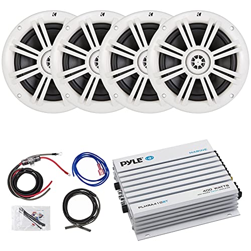 4 x Kicker 6.5" Marine Boat Coaxial White Speakers Combo Bundle With Pyle Elite Series 400 Watt 4-Channel Marine Car Bluetooth Amplifier and 8 Gauge Total Amplifier Installation Wiring Kit