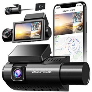wolfbox i07 dash cam, 3 channel dash cam with wifi gps, 4k+1080p dash camera front and inside, 2.5k 1600p+1080p+1080p dashcam front rear and cabin, 3″ lcd super ir night vision, smart parking monitor