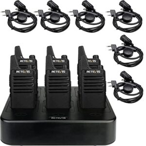 retevis rt22 walkie talkies (6 pack) with 2 way radio headset (6 pack), rechargeable hands free 2 way radio, with 6 way multi gang charger, walkie talkie adjustable d-shaped headset with ptt