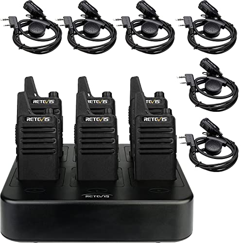 Retevis RT22 Walkie Talkies (6 Pack) with 2 Way Radio Headset (6 Pack), Rechargeable Hands Free 2 Way Radio, with 6 Way Multi Gang Charger, Walkie Talkie Adjustable D-Shaped Headset with PTT