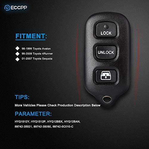 ECCPP HYQ12BBX Keyless Entry Car Key Remote Fob Replacement for 99-2009 for T oyota 4Runner/ 98-1999 for T oyota Avalon/ 01-2007 for T oyota Sequoia (3 Buttons) HYQ12BBX HYQ12BAN HYQ1512Y set of 2