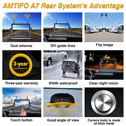 AMTIFO RV Backup Camera Wireless HD 1080P Trailer Bluetooth Rear View Cam System Touch Key 7'' DVR Monitor Split Screen 4 Channels for Truck Camper Adapter for Furrion Pre-Wired RVs A7