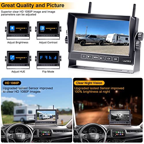 AMTIFO RV Backup Camera Wireless HD 1080P Trailer Bluetooth Rear View Cam System Touch Key 7'' DVR Monitor Split Screen 4 Channels for Truck Camper Adapter for Furrion Pre-Wired RVs A7