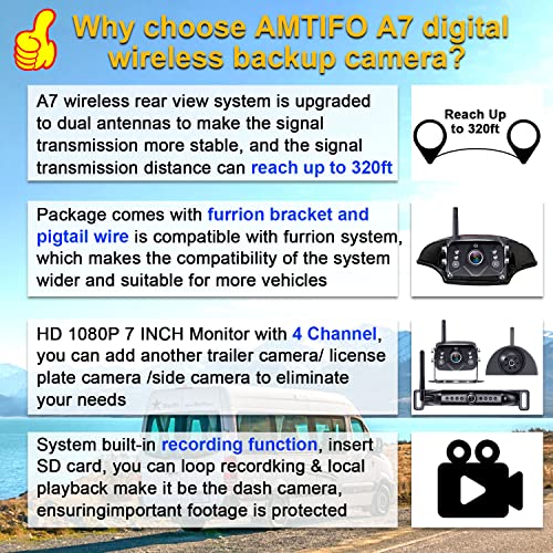 AMTIFO RV Backup Camera Wireless HD 1080P Trailer Bluetooth Rear View Cam System Touch Key 7'' DVR Monitor Split Screen 4 Channels for Truck Camper Adapter for Furrion Pre-Wired RVs A7