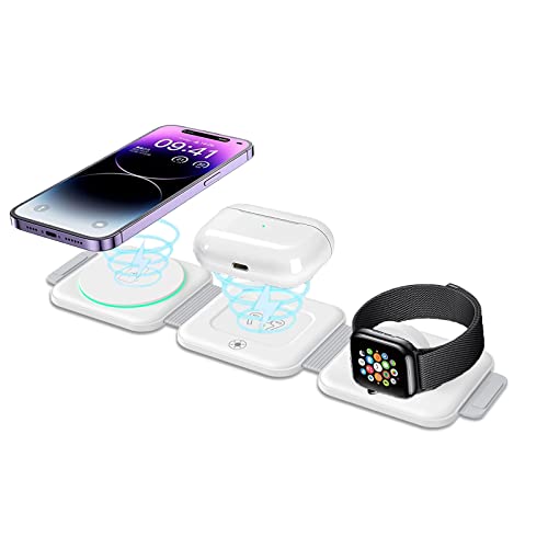 Criacr 3 in 1 Magnetic Foldable Wireless Charger, Wireless Charging Station for Travel, Compatible with iPhone 14/Pro/Max/Plus/13/12, Apple Watch, AirPods Pro