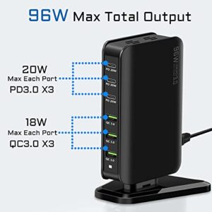 Desktop USB Charging Station,LAMJAD 96W 6-Port USB C Charging Station,with 3 USB-C+3 USB-A,Portable Fast Charging Hub for All iPad,iPhone 14 13 12 Pro Max, Pixel Samsung Galaxy and More