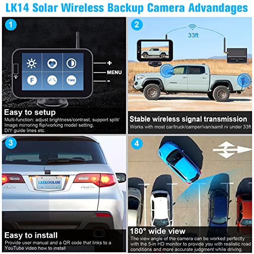 LeeKooLuu Solar Wireless Backup Camera HD 1080P Rechargeable System 5'' Monitor 3 Mins Installation for Car Truck Camper Small RV Hitch Rear View Camera LK14