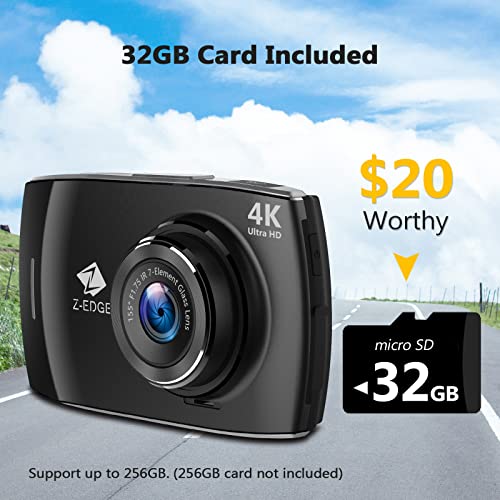 Dash Cam, Z-Edge Dual Dash Cam Front and Rear, 4K Built-in WiFi, Touch Screen Car Camera, FHD 1080P with Night Mode, 32GB Card Included, WDR, G-Sensor, Loop Recording, Support 256GB Max