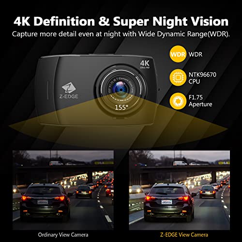 Dash Cam, Z-Edge Dual Dash Cam Front and Rear, 4K Built-in WiFi, Touch Screen Car Camera, FHD 1080P with Night Mode, 32GB Card Included, WDR, G-Sensor, Loop Recording, Support 256GB Max