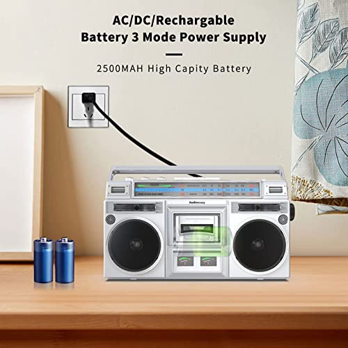 Retro Boombox Cassette Player AM/FM Shortwave Radio, Portable Cassette Tape Player Recorder, Wireless Streaming, USB/Micro SD Slots Guitar/Aux in, Convert Cassettes to USB Classic 80s Style (Silver-S)