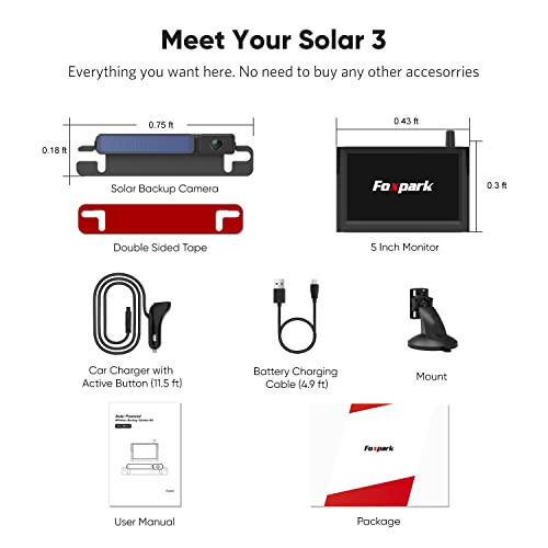 Solar Wireless Backup Camera for Car (1080P), 3 Mins DIY Installation, Foxpark Solar 3 Back Up Camera Systems Wireless 5 inch Car Monitor, IP69K 2 Channels Reverse Camera for Car, Truck, Van, RV