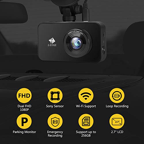 Z-Edge WiFi Dash Cam, 1920x1080P FHD, Front and Rear Dash Cam, Dual Cam, Car DVR, Night Vision, Parking Mode, G-Sensor, Loop Recording