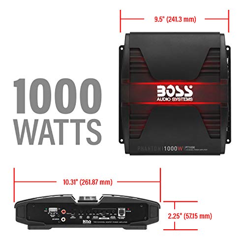 BOSS Audio Systems PT1000 2 Channel Car Amplifier - 1000 Watts, Full Range, Class A/B, 2-8 Ohm Stable, Mosfet Power Supply, Bridgeable