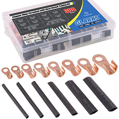 Glarks 300Pcs Open Barrel Wire Crimp Copper Ring Lugs Wire Crimp Terminal Connectors OT 5A 10A 20A 30A 40A 50A 60A 100A with Heat Shrink Tubing Assortment Kit for Auto Car Battery Cable Connector