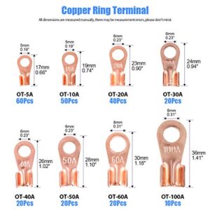 Glarks 300Pcs Open Barrel Wire Crimp Copper Ring Lugs Wire Crimp Terminal Connectors OT 5A 10A 20A 30A 40A 50A 60A 100A with Heat Shrink Tubing Assortment Kit for Auto Car Battery Cable Connector