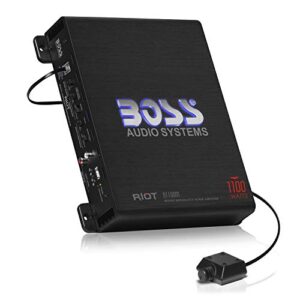 boss audio systems r1100m riot series car audio subwoofer amplifier – 1100 high output, monoblock, class a/b, 2/4 ohm stable, low/high level inputs, low pass crossover, mosfet power supply, stereo