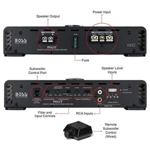 BOSS Audio Systems R1100M Riot Series Car Audio Subwoofer Amplifier - 1100 High Output, Monoblock, Class A/B, 2/4 Ohm Stable, Low/High Level Inputs, Low Pass Crossover, Mosfet Power Supply, Stereo