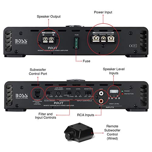 BOSS Audio Systems R1100M Riot Series Car Audio Subwoofer Amplifier - 1100 High Output, Monoblock, Class A/B, 2/4 Ohm Stable, Low/High Level Inputs, Low Pass Crossover, Mosfet Power Supply, Stereo