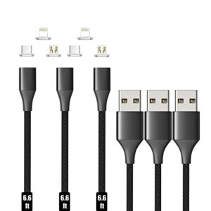 netdot magnetic charging cable, 3in1 gen10 3 pack (6.6ft) max 18w fast charging magnetic phone charger and data transfer magnetic charger for micro usb, usb-c/type c and i-product
