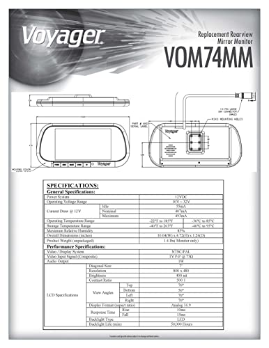 Voyager VOM74MM Rearview Mirror Monitor, 7inch TFT LCD Display w/ Highly-reflective Glass Surface Serving as When Back-Up Camera is not Active, 3 Inputs, Built-In Speaker (Renewed) Black