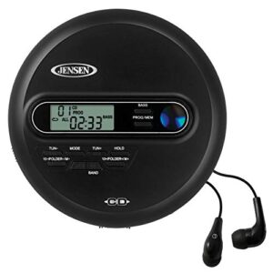 jensen cd-65 portable personal cd player cd/mp3 player + digital am/fm radio + with lcd display bass boost 60-second anti skip cd r/rw/compatible sport earbuds included (black limited edition series)