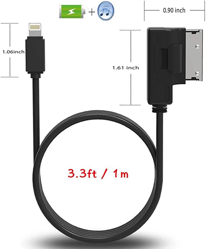 Car Audio Charging Adapter Cord Compatible with Apple iPhone 11 Xs Max XR X 8 7 6 for Audi A1/A3/A4L/A5/A6L/A8/Q3/Q5/Q7/TT, Music Charging 2-in-1 Conversion Cable