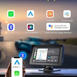 Wireless Apple Carplay & Android Auto for Car Stereo, Portable 7 Inch Apple Car Play Touch Screen Sync GPS Navigation Audio Car Radio Receiver for Car, Bluetooth, Siri, Multimedia Player, FM