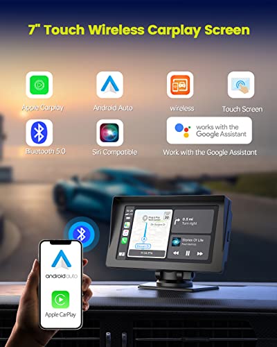 Wireless Apple Carplay & Android Auto for Car Stereo, Portable 7 Inch Apple Car Play Touch Screen Sync GPS Navigation Audio Car Radio Receiver for Car, Bluetooth, Siri, Multimedia Player, FM